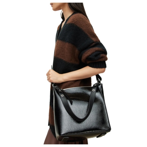 NWT $319 ALLSAINTS Kita Leather Messenger Crossbody Bag in Black Shine! - Picture 8 of 13